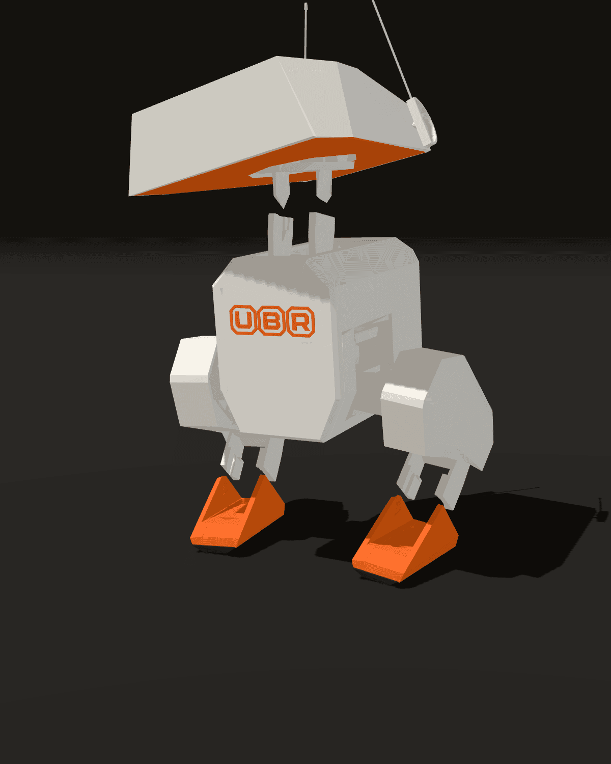 Pato Robô: robô bípede impresso em 3D, branco e laranja, com o logo UBR no peito (render)